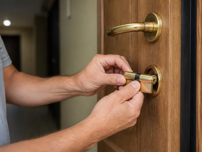 Mains de serrurier travaillant un cylindre européen